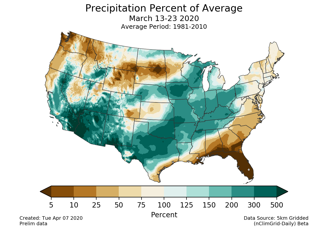Precipitation anomalies (percent of normal) for the CONUS for March 13-23 2020