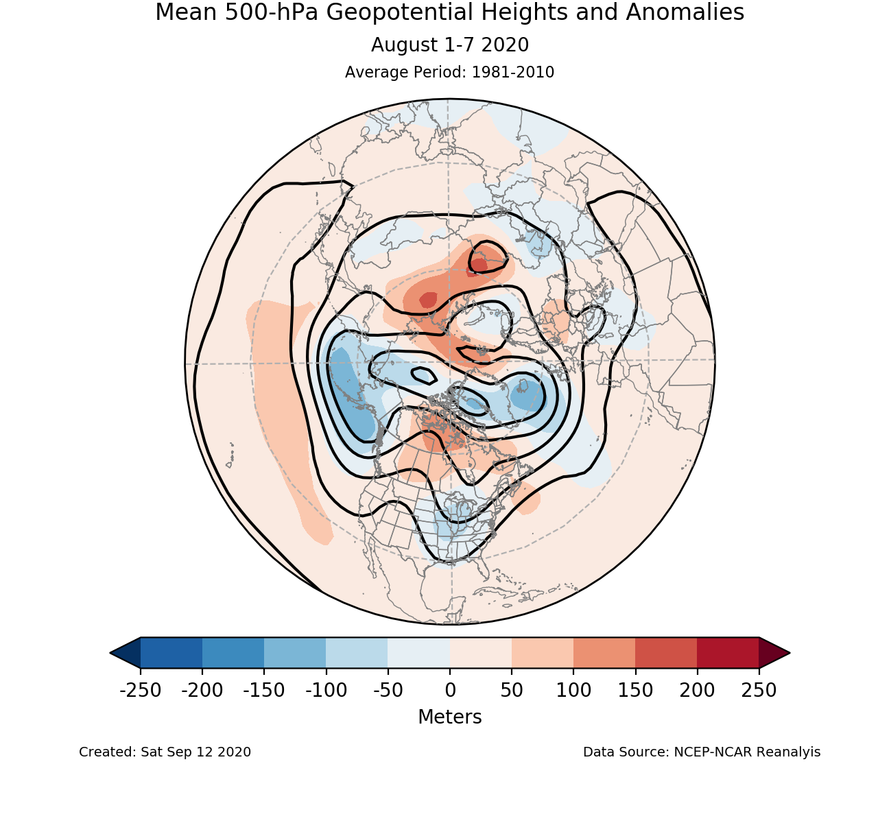 500-mb height mean (contours) and anomalies (shading) for the Northern Hemisphere for August 1-7 2020