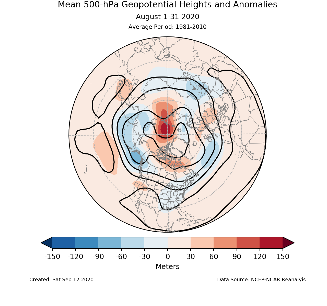 500-mb height mean (contours) and anomalies (shading) for the Northern Hemisphere for August 2020