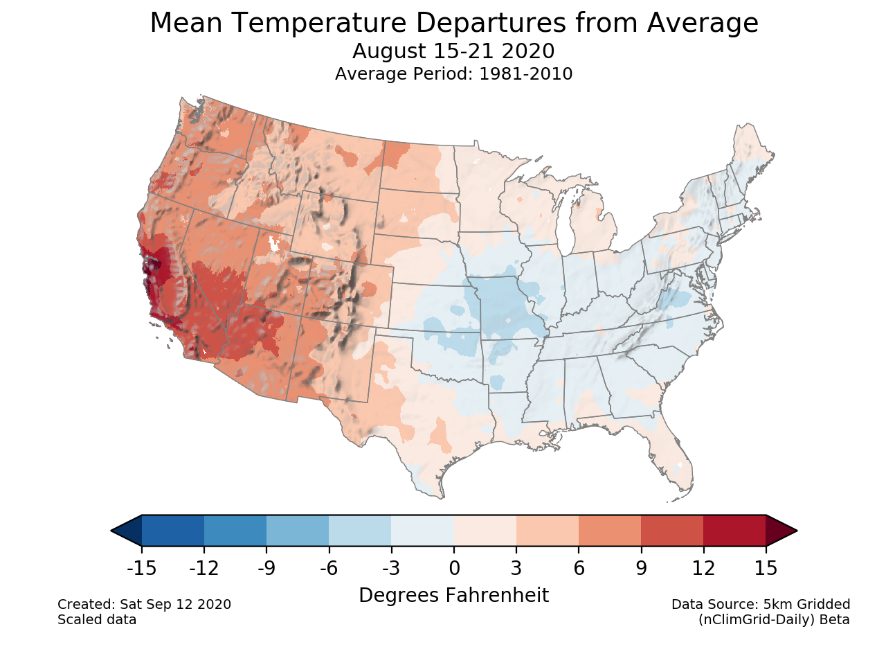 Temperature anomalies (departure from normal) for the CONUS for August 15-21 2020