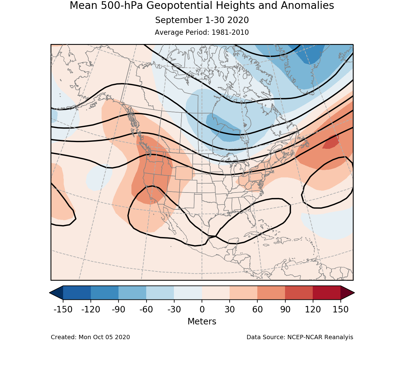 500-mb height mean (contours) and anomalies (shading) for North America for September 2020