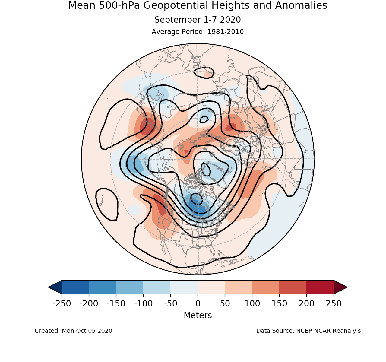 500-mb height mean (contours) and anomalies (shading) for the Northern Hemisphere for September 1-7 2020