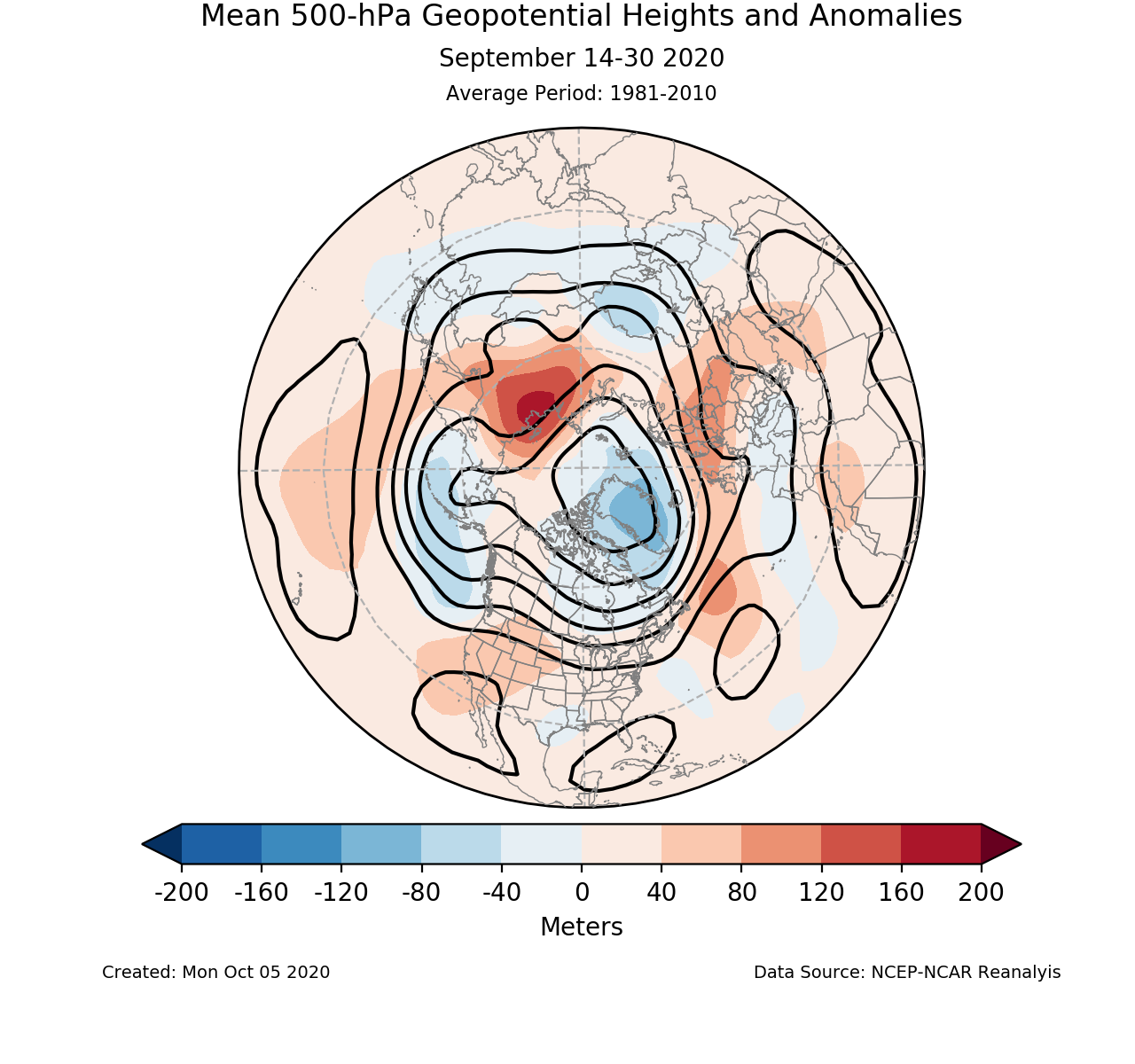 500-mb height mean (contours) and anomalies (shading) for the Northern Hemisphere for September 14-30 2020