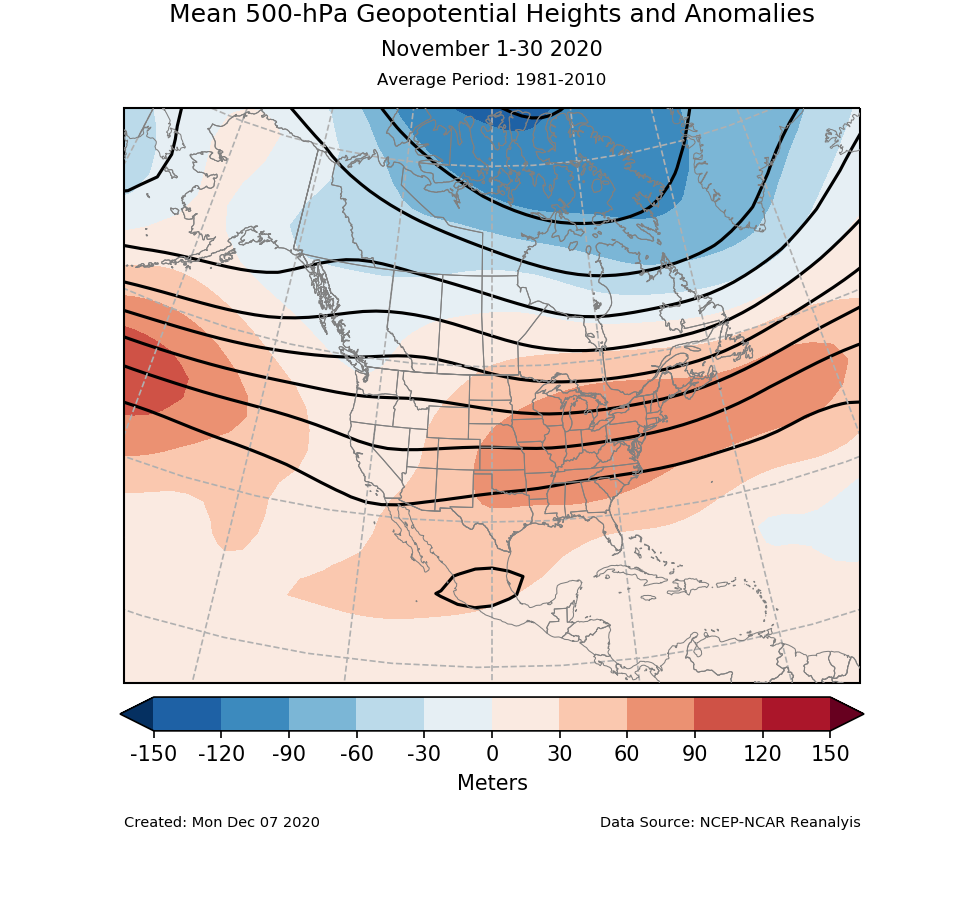 500-mb height mean (contours) and anomalies (shading) for North America for November 2020