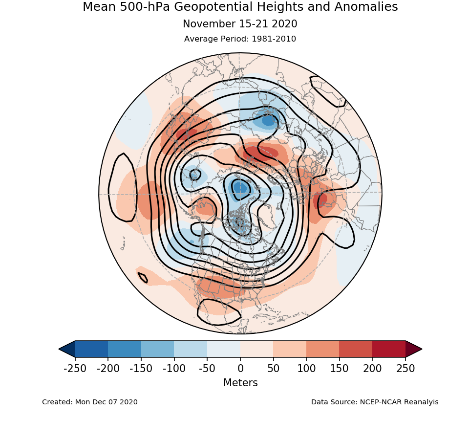 500-mb height mean (contours) and anomalies (shading) for the Northern Hemisphere for November 15-21 2020