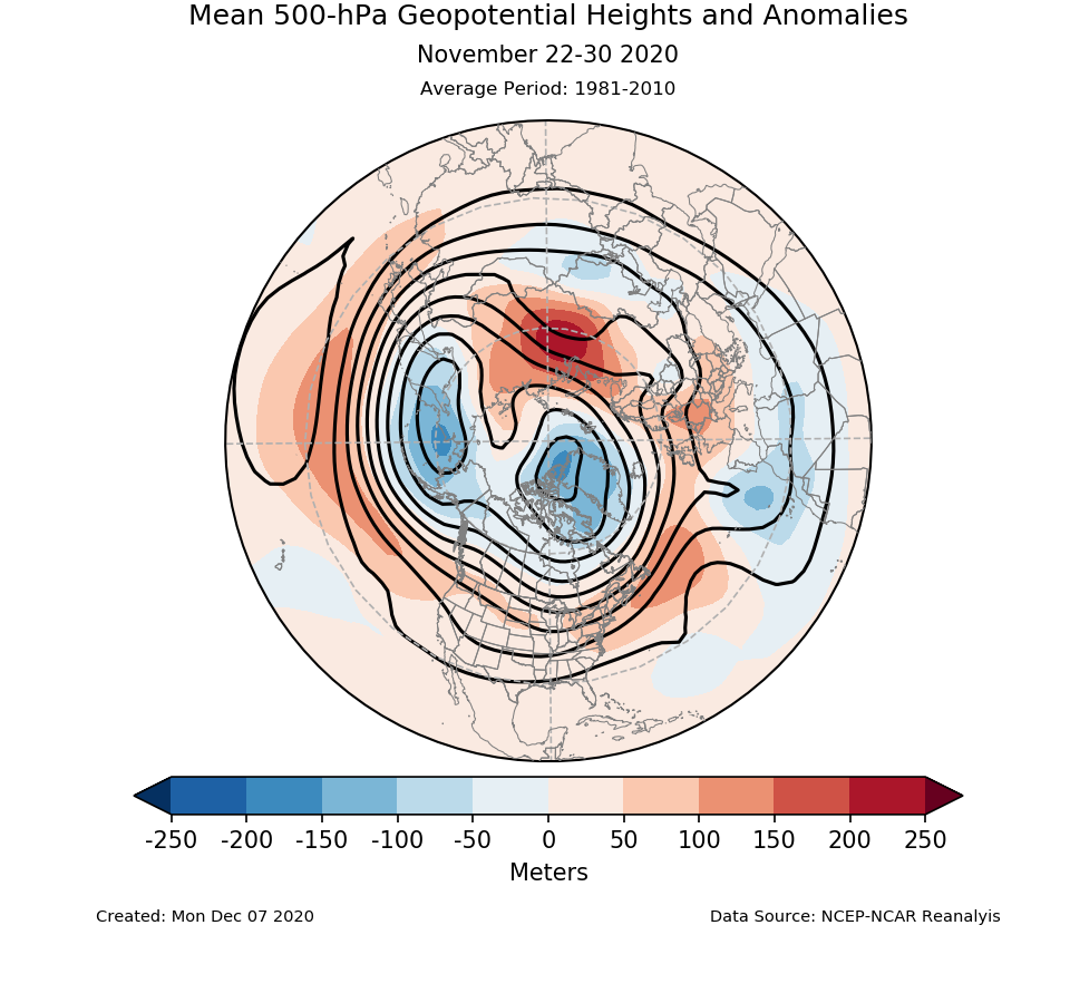 500-mb height mean (contours) and anomalies (shading) for the Northern Hemisphere for November 22-30 2020