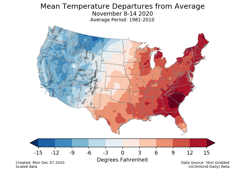 Temperature anomalies (departure from normal) for the CONUS for November 8-14 2020