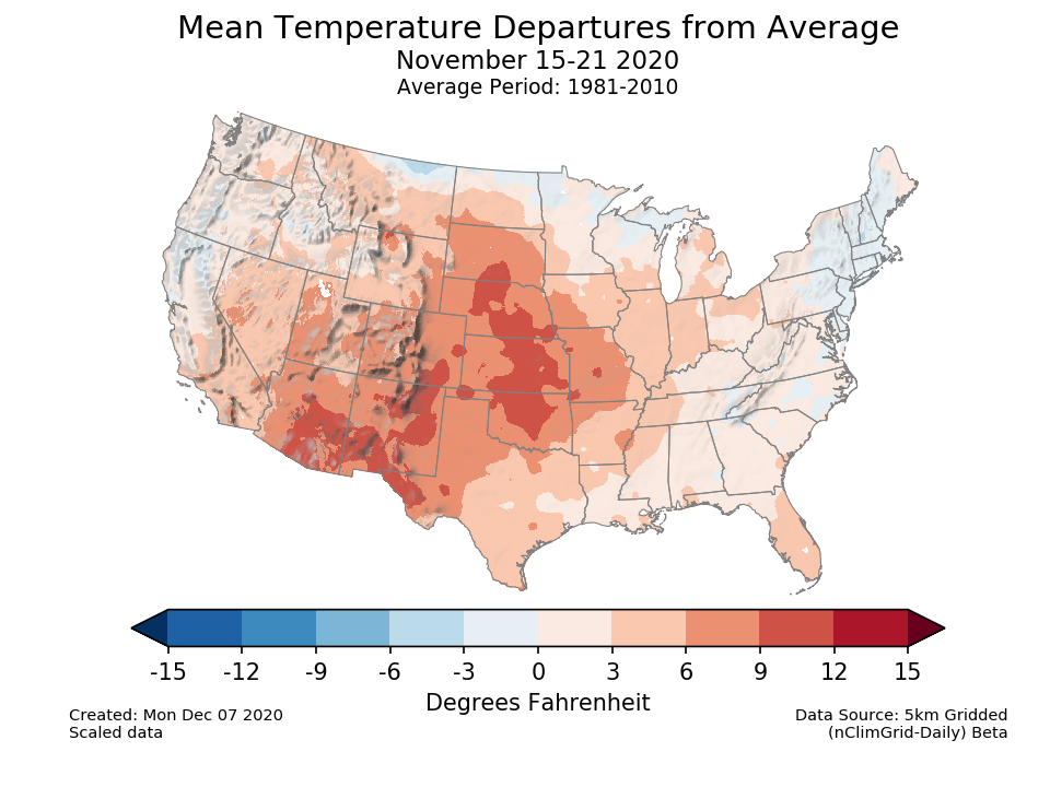 Temperature anomalies (departure from normal) for the CONUS for November 15-21 2020