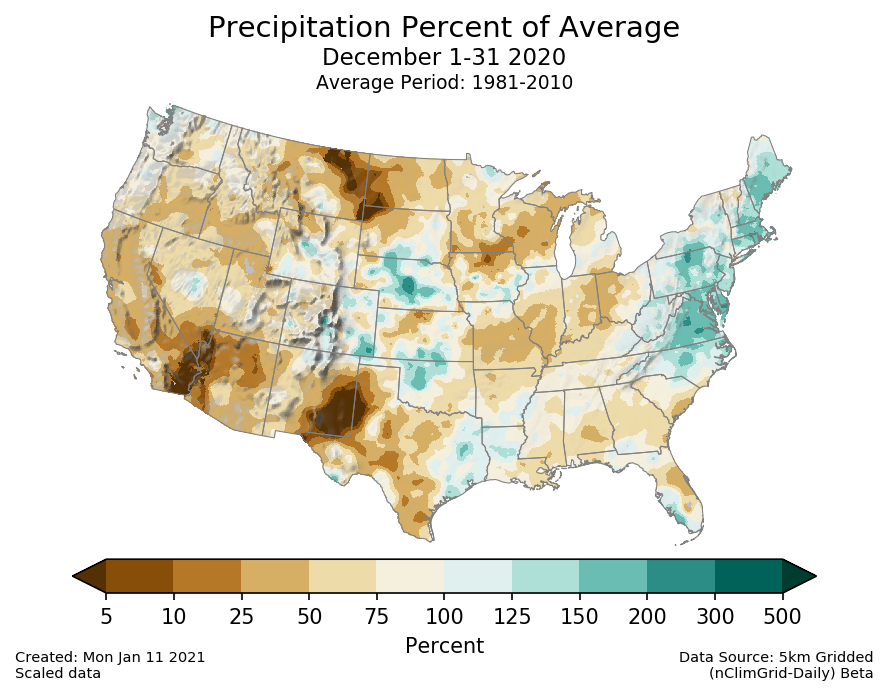 Precipitation anomalies (percent of normal) for the CONUS for December 2020