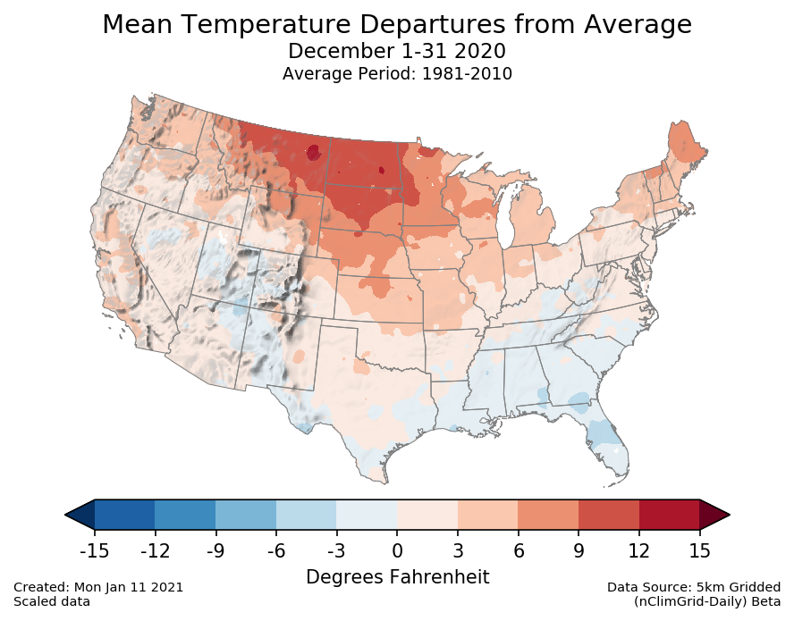 Temperature anomalies (departure from normal) for the CONUS for December 2020