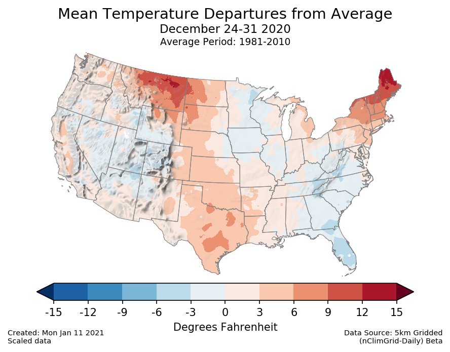 Temperature anomalies (departure from normal) for the CONUS for December 24-31 2020