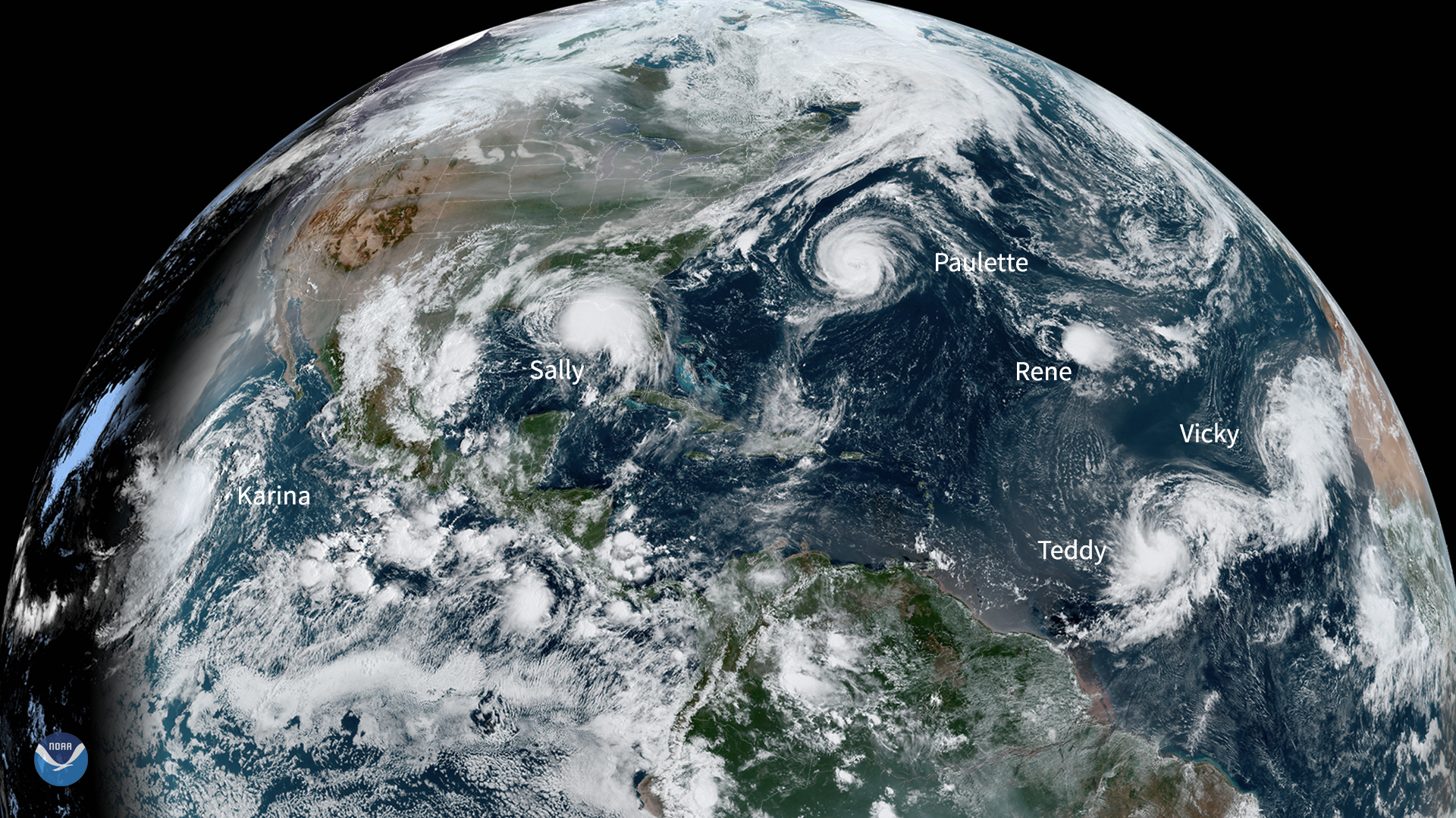 Satellite image of six tropical systems in the Atlantic and East Pacific on September 14, 2020