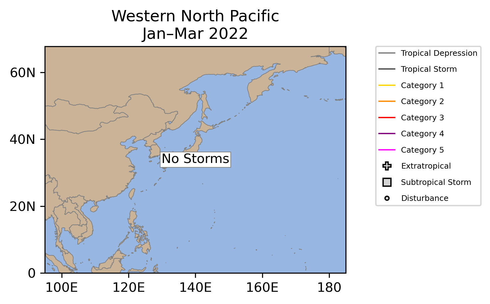 West Pacific Tropical Cyclone Storm Tracks January-March 2022