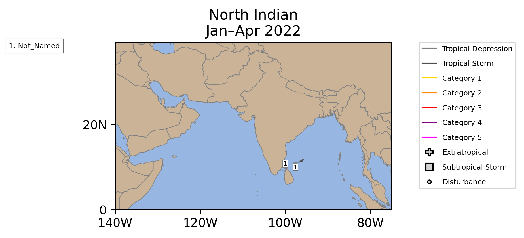 North Indian Tropical Cyclone Storm Tracks January-April 2022