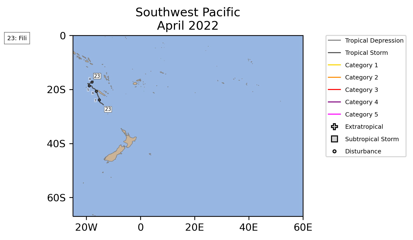 Southwest Pacific Tropical Cyclone April Counts