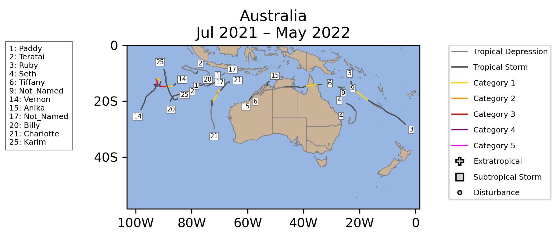 Australia Tropical Cyclone Storm Tracks July 2021-May 2022