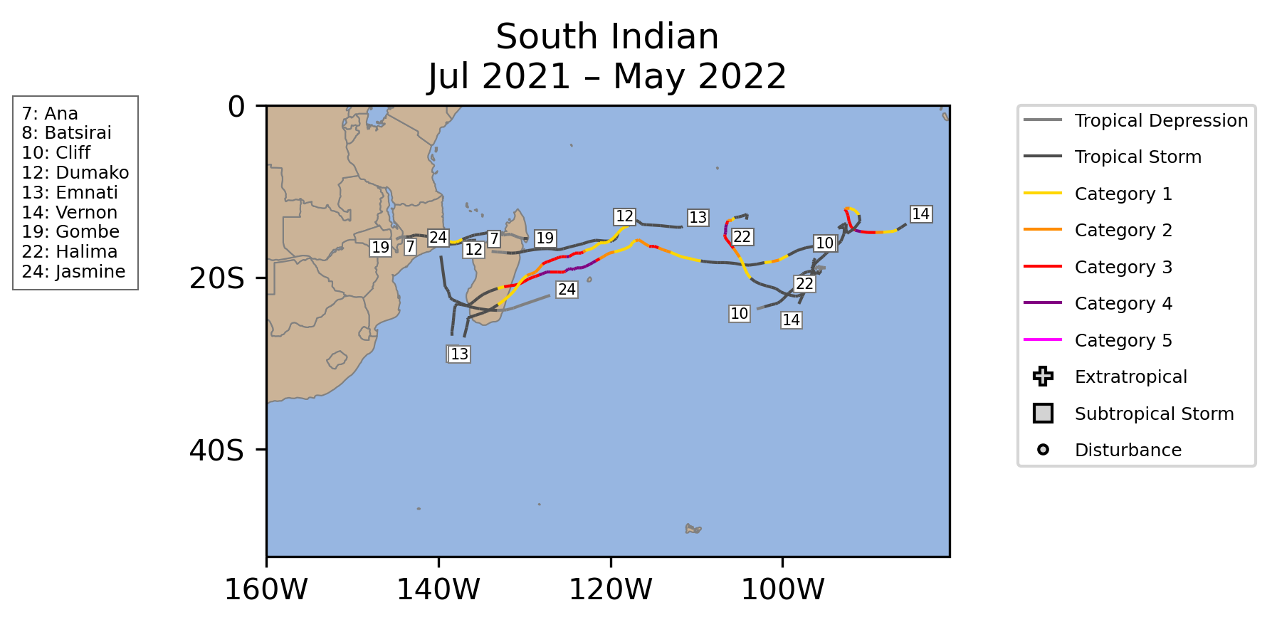 South Indian Tropical Cyclone Storm Tracks July 2021-May 2022