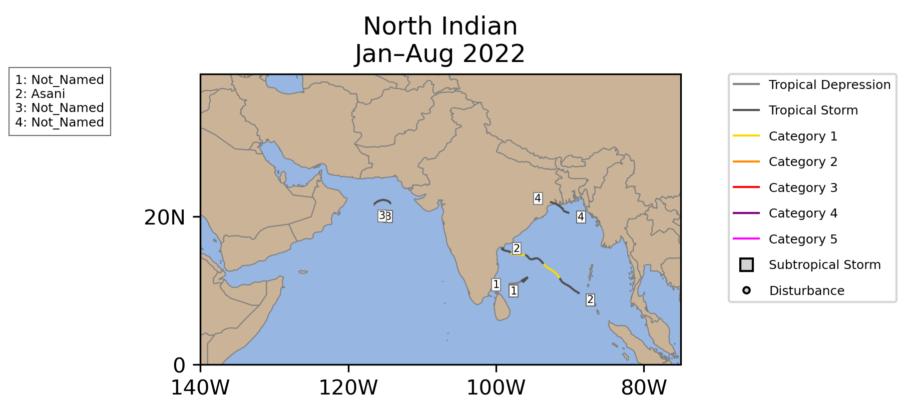 North Indian Tropical Cyclone Storm Tracks January-August 2022