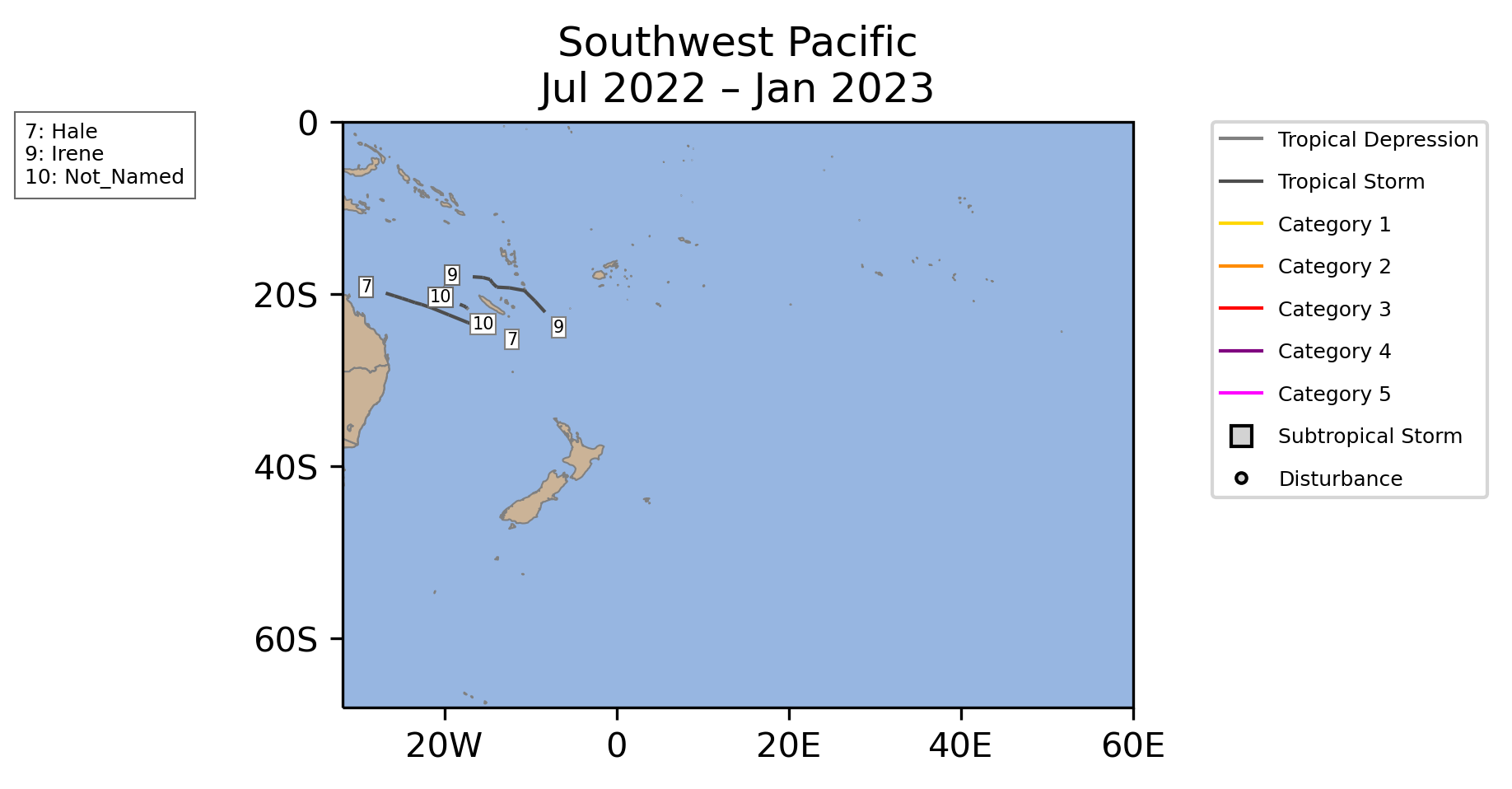 Southwest Pacific Tropical Cyclone Storm Tracks July 2022-January 2023