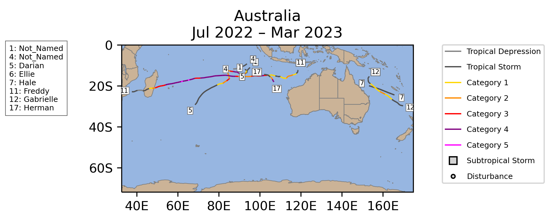 Australia Tropical Cyclone Storm Tracks July 2022-March 2023