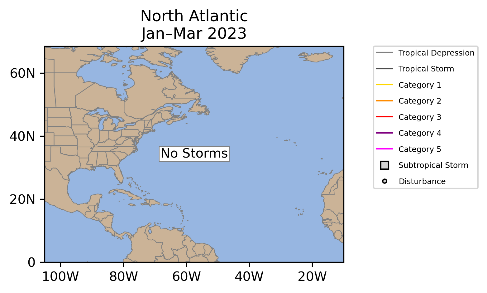 North Atlantic Tropical Cyclone Storm Tracks January-March 2023