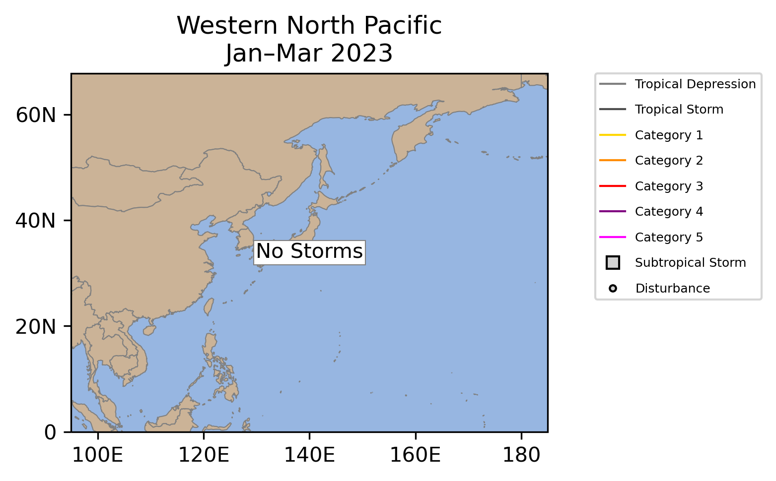 West Pacific Tropical Cyclone Storm Tracks January-March 2023