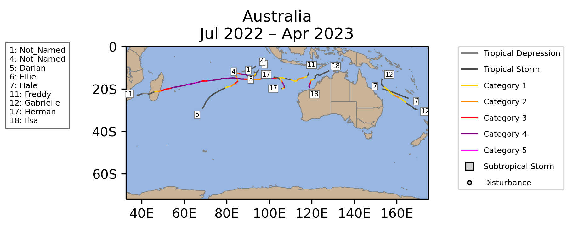 Australia Tropical Cyclone Storm Tracks July 2022-April 2023