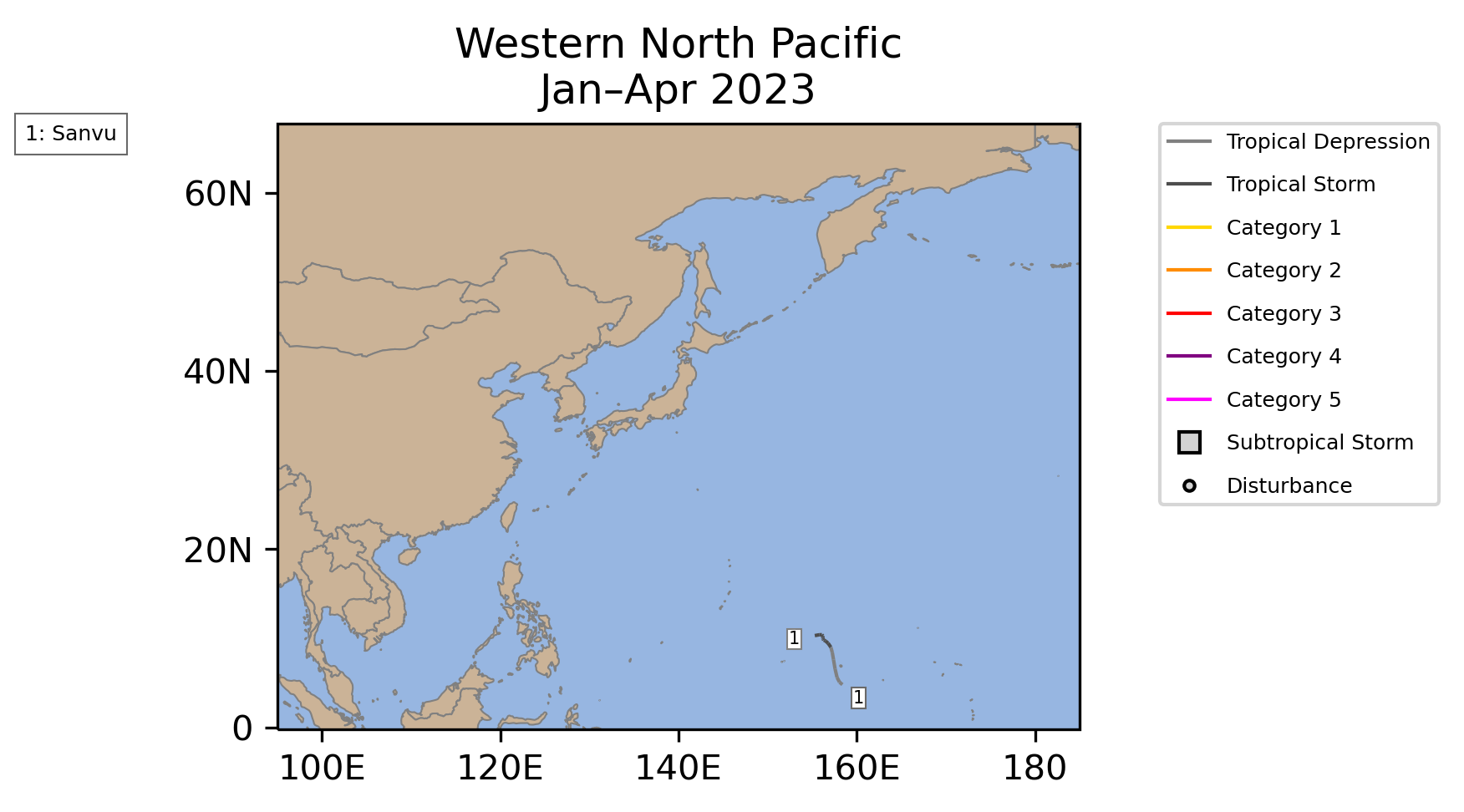 West Pacific Tropical Cyclone Storm Tracks January-April 2023