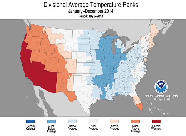 Divisional Average Temperature Ranks, January-December 2014 Divisional Average Temperature Ranks, January-December 2014