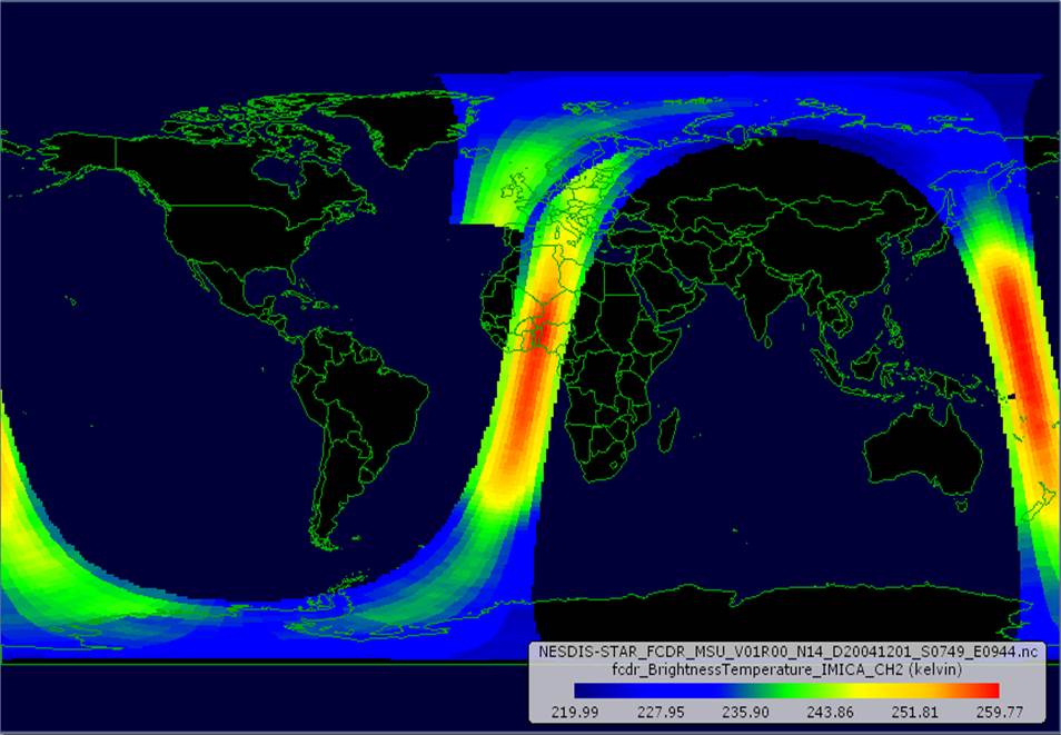 An orbit of MSU Level 1c brightness temperature data from NOAA-14.