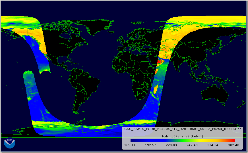 An orbit of 37.0 GHz vertically-polarized (channel 16) brightness temperature from SSMIS on F17.