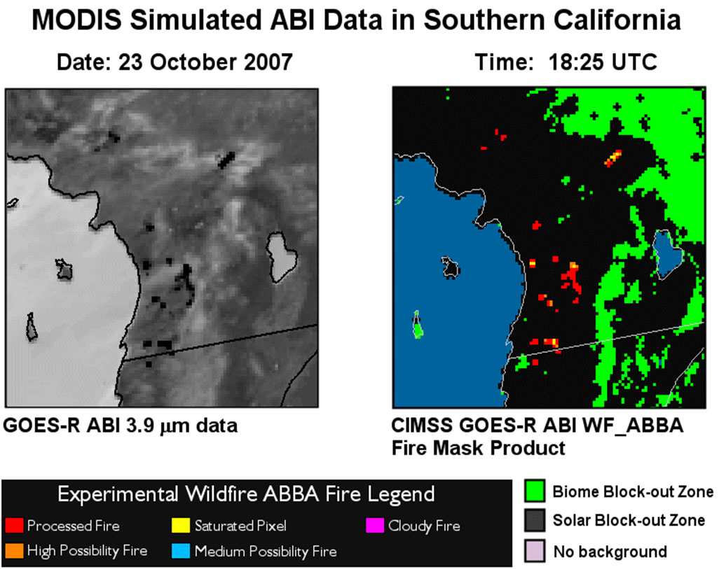 Example of the Fire/Hot Spot Characterization product as derived by the GOES-R Fire/Hot Spot Characterization algorithm using simulated GOES-R ABI 3.9 Âµm data over Southern California at 1825 UTC on 23 October 2007.