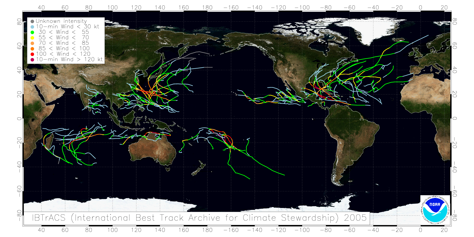 A sample plot of one year of tropical cyclone tracks available in IBTrACS.