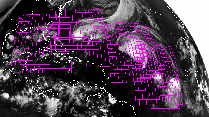 Sample HURSAT-B1 Grids overlaid on 4 storms in the North Atlantic