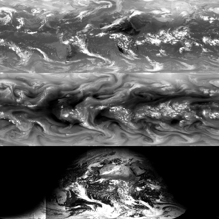 Sample GridSat-B1 data. IR window (top), Water Vapor (middle) and visible (bottom) data