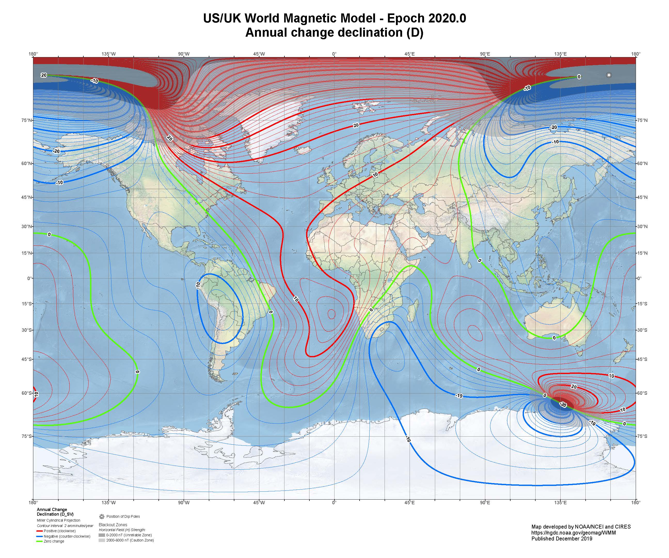 Change in Magnetic Declination at 2020.0 from the World Magnetic Model