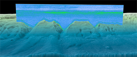 Water column sonar data collected on the NOAA Okeanos Explorer in the North Atlantic Ocean. Sonar data are overlaid onto coastal relief model bathymetry.<br />
