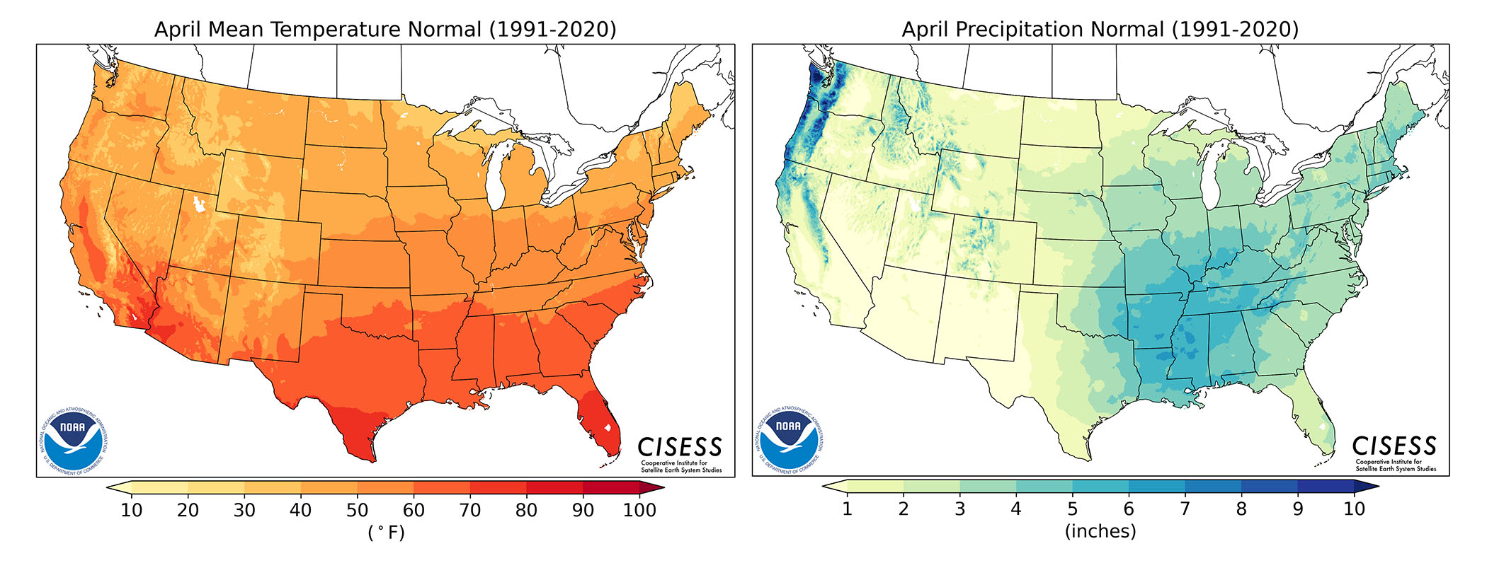 Visualizations of gridded precipitation and mean temperature normals for April (1991–2020)