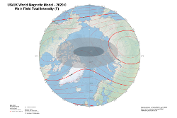 Magnetic Total Field at 2020.0 from the World Magnetic Model Arctic Projection