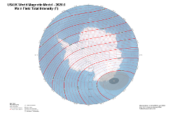 Magnetic Total Field at 2020.0 from the World Magnetic Model Antarctic Projection