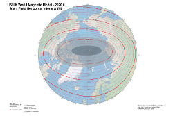 Magnetic Horizontal Intensity at 2020.0 from the World Magnetic Model Arctic Projection