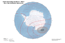 Magnetic Horizontal Intensity at 2020.0 from the World Magnetic Model Antarctic Projection
