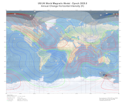 Change in Magnetic Horizontal Intensity at 2020.0 from the World Magnetic Model