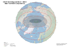 Magnetic Inclination at 2020.0 from the World Magnetic Model Arctic Projection