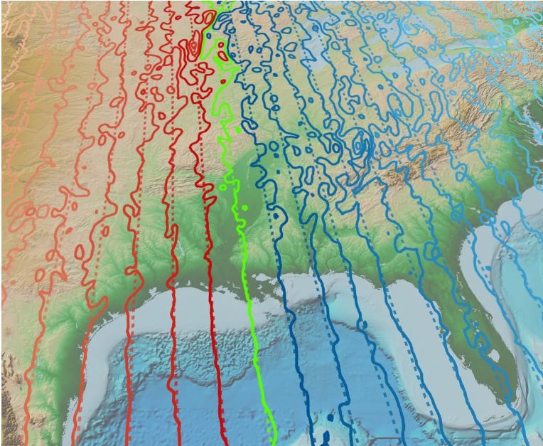 NCEI Enhanced Magnetic Model (EMM2015) (solid) over the World Magnetic Model (dashed) declination contours (1 degree intervals). Red=Eastward, Green=Zero, Blue=Westward Declination