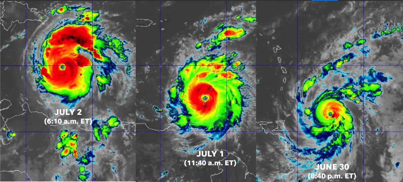 Hurricane Beryl (June 28–July 11, 2024) was the earliest-forming Category 5 hurricane on record. Beryl’s development was fueled by record-breaking ocean surface temperatures. Credit: NOAA NESDIS