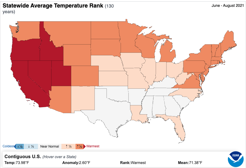Mapa de la clasificación de temperatura a nivel estatal para el periodo de tres meses de junio a agosto del 2021. (Source: NCEI Climate at a Glance)