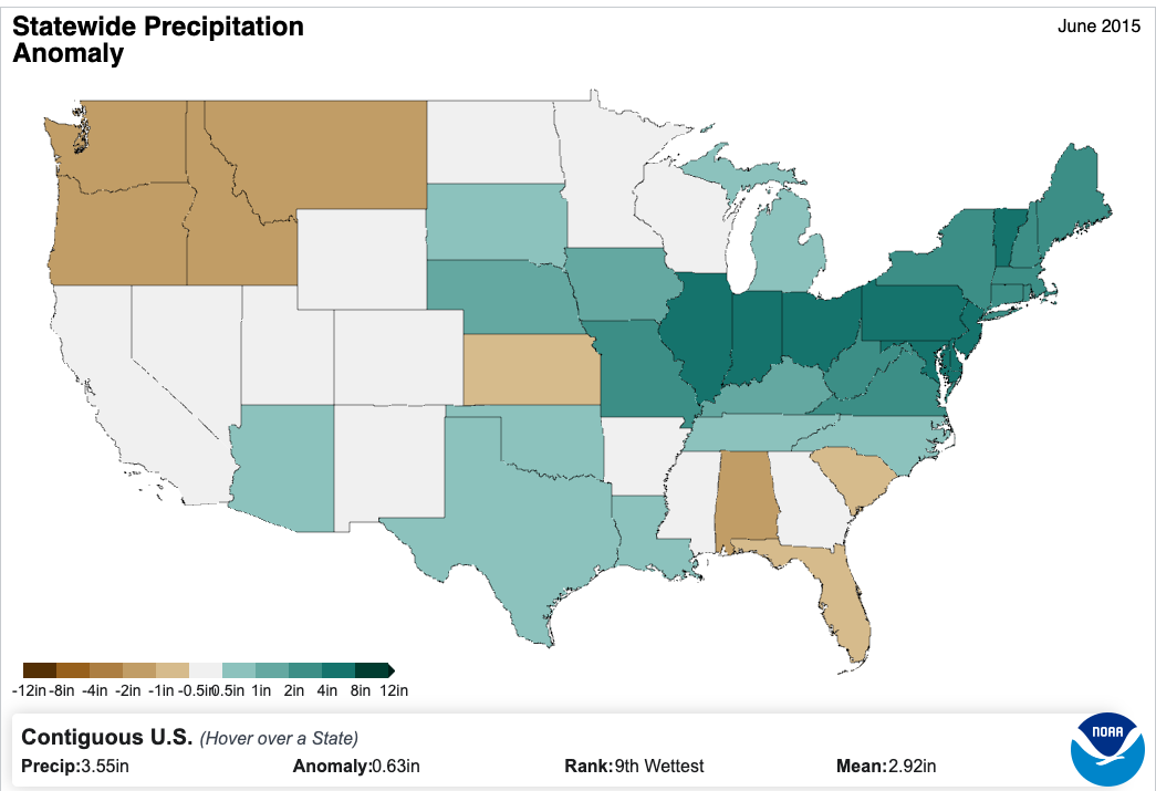 Map of the “Statewide Precipitation Anomaly” in the contiguous U.S. in June 2015. The bottom shows these values—Precipitation: 3.55in; Anomaly: 0.63in; Rank: 9th Wettest; Mean: 2.92in.