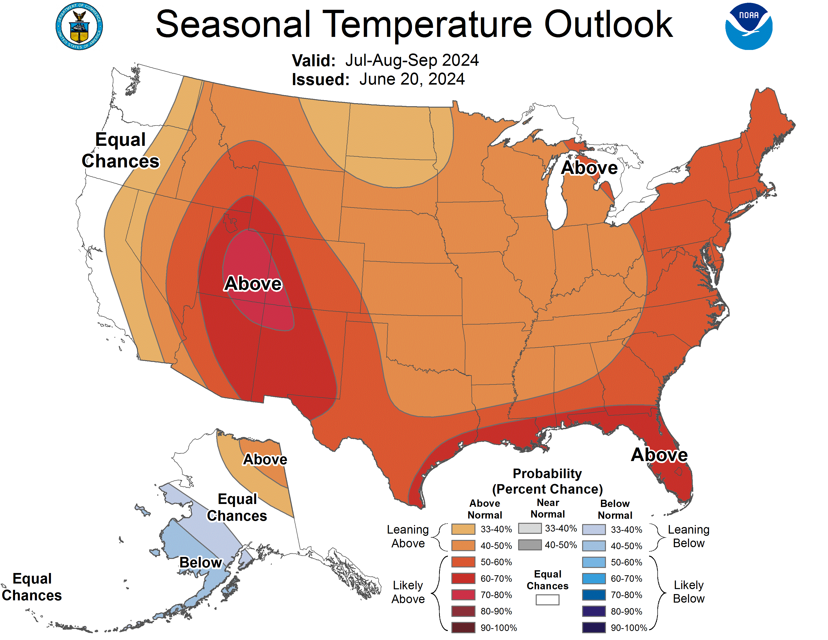 Map of the Seasonal Temperature Outlook for July, August, and September 2024 with gradients of orange and red to indicate above normal temperatures and gradients of blue to indicate below normal temperatures.