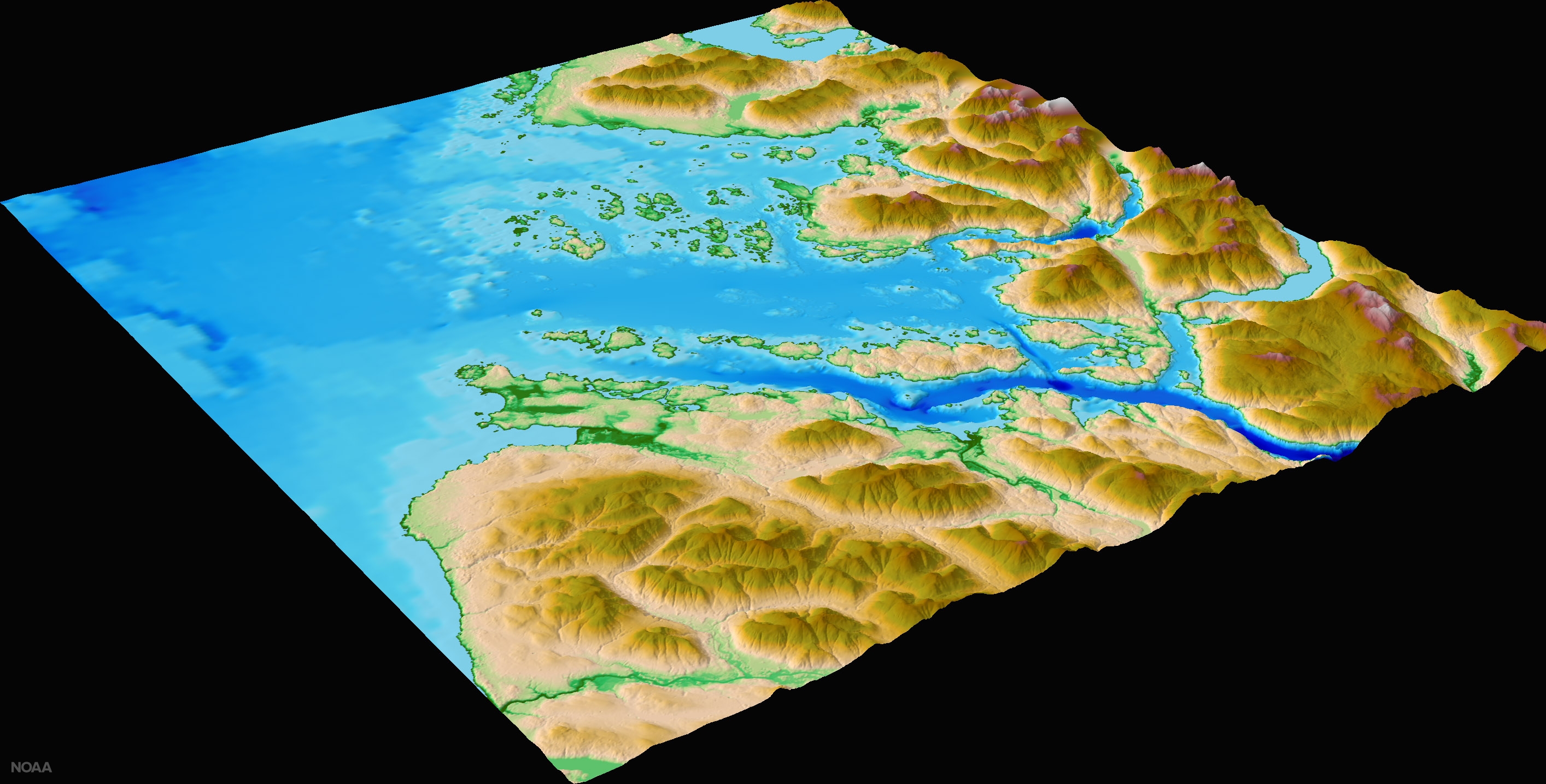 Image of a digital elevation model for Barkley Sound on the west coast of Canada’s Vancouver Island